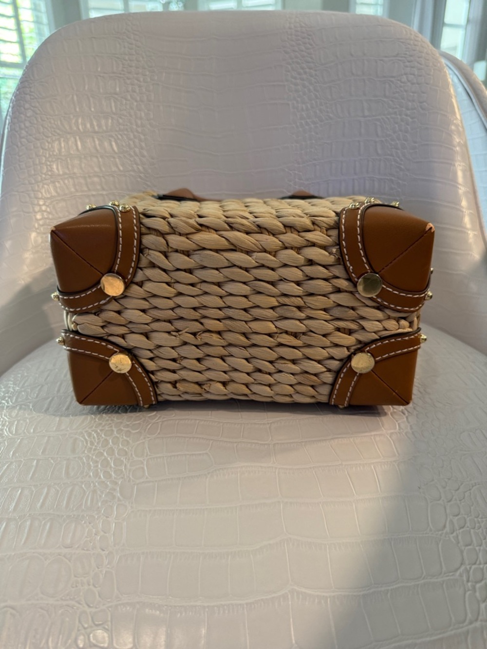 Michael Kors Straw Tote with Pink Watermelon Patch and Brown Leather Trim - Picture 3 of 12